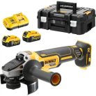DeWALT DCG405P2-QW sarokcsiszoló akkus 18 V 125 mm 9000 RPM szénkefementes 2 x 5 Ah akku + töltő TSTAK kofferben